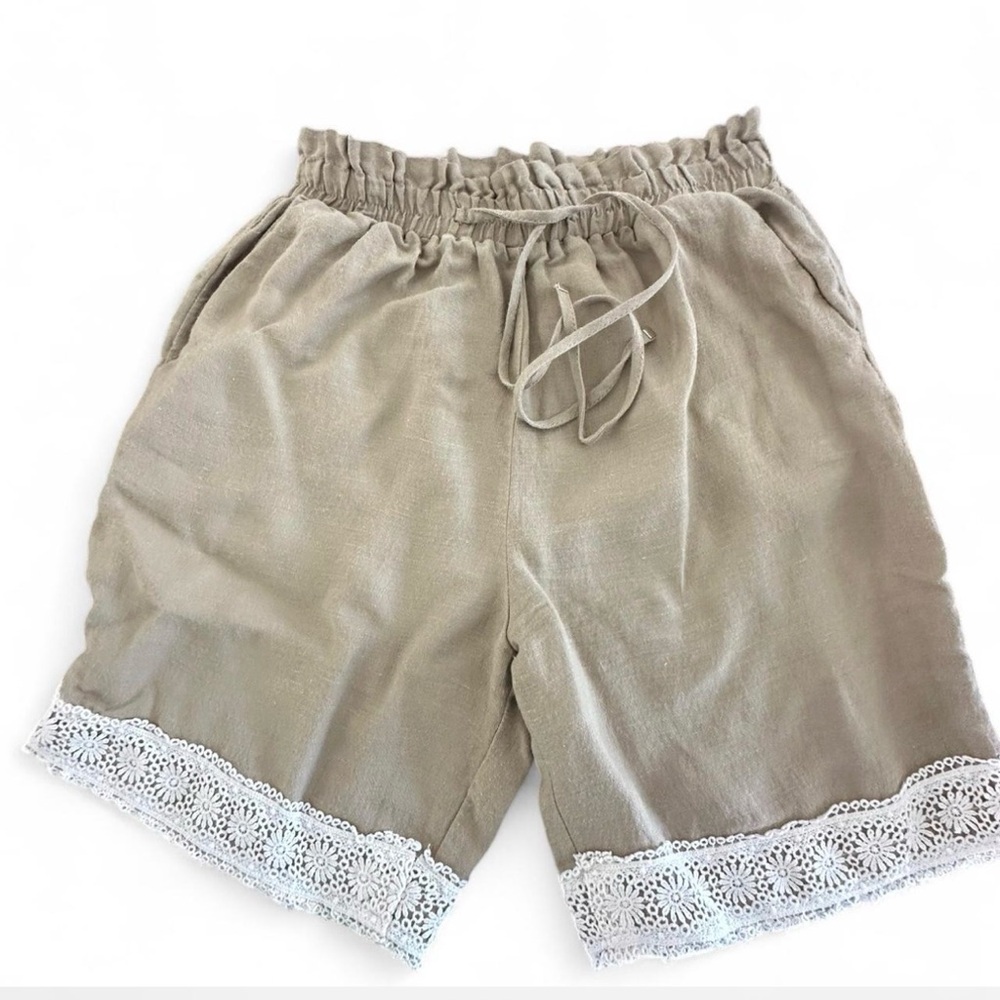 New Zara Taupe Linen-Blend Drawstring Shorts with White Lace Trim